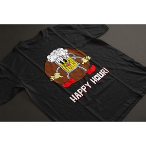 Shirt - Happy hour - Wurban Wear | Grappig shirt | Bier | Unisex tshirt | Drankspel | Klok | Wit & Zwart