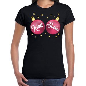 Fout kerst t-shirt zwart met roze kerst ballen borsten voor dames - kerstkleding / christmas outfit M