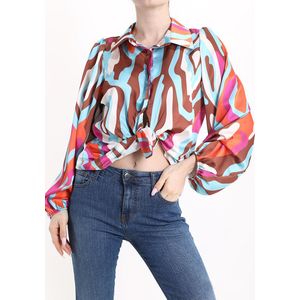 Boho satijn Multi kleur blouse met vintage licht pofmouwen, Franse mode maat 38