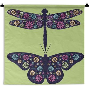 Wandkleed Libelle illustratie - Een illustratie van een libelle en een vlinder Wandkleed katoen 150x150 cm - Wandtapijt met foto