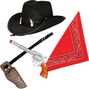 Carnaval verkleeds set cowboyhoed Nevada - zwart - rode hals zakdoek - holster met revolver