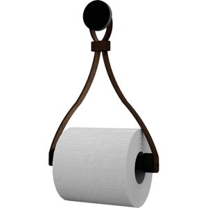 Leren toiletrolhouder 'Triangle' - met Zuignap én schroef - Handles and more® | DONKERBRUIN - roldrager: Zwart rondhout - knop: Zwart