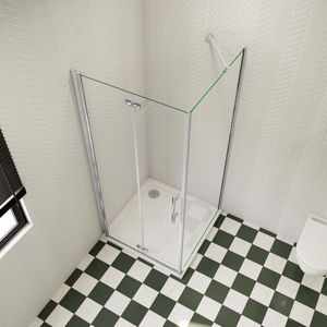 B:90xD:100xH:195 cm Douchecabine, draaideur + zijpanelen,6mm NANO EasyClean veiligheidsglas,45 cm Stabilisatiestang (inkortbaar), profiel van glanzend chroom.