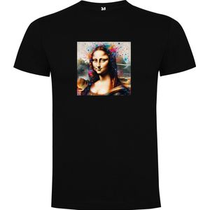 Zwart T-Shirt met “ DE Mona Lisa van Leonardo da Vinci - Schilderij “ Print Full Color Maat XL