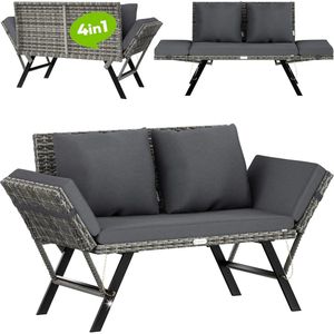 3-zits Polyrattan Tuinbank – Buitenbank – Tuinmeubel – Loungesofa – Tuinsofa – Verstelbare Armleuningen – Weerbestendig Stalen Frame - Grijs