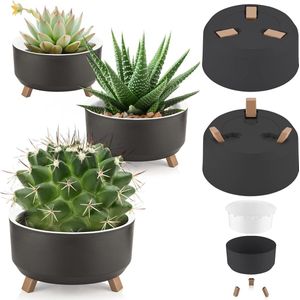 Set van 3 bloempotten. 3 maten: bloemenstandaard, decor, bloemen, huis, plantenpot, plantenbak, bloempot grote bloempot, plantenpot groot (opvouwbare basis, zwart)