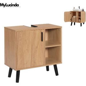 Mylucinda® - Vrijstaande Badkamerkast Lichteiken – 60x30x60 cm – Onder Gootsteen Opbergkast met 2 Open Planken en Deur – Ideaal voor Toiletpapier en Badkameraccessoires