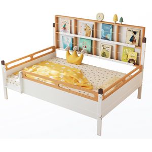 Merax Tweepersoonsbed met Uitvalbeveiliging voor Kinderen 140x200 cm - Half Hoogslaper met Opbergruimte en Planken - Kinderbed - Wit met Naturel Houtbruin