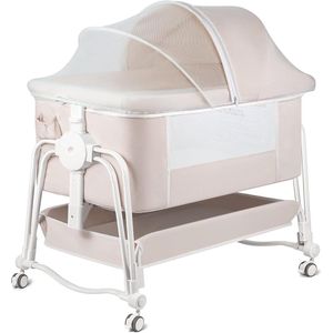 4-in-1 bijzetbed voor baby's, babybed, reisbed voor baby's met matras, bijzetbed in 7 vakken, in hoogte verstelbaar, met opbergmand, draagbare wieg met wieltjes, muggennet (crèmekleurig)