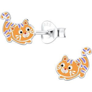 Oorbellen meisje | Zilveren kinderoorbellen | Zilveren oorstekers, oranje kat met paarse strepen
