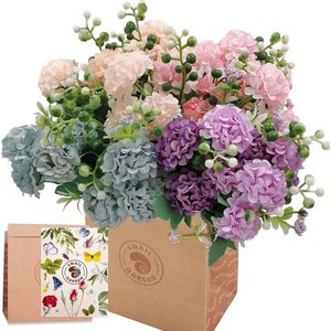 Kunsthortensia met 40 bloemhoofdjes, 4 stuks zijden bloemen met bessenkorrels, kunstbloemen met wenskaart & Papieren zak Blauw Champagne Roze & Paars