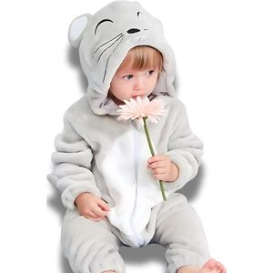 BoefieBoef Dieren Baby Onesie Peuter Pyjama Kinderen 6 maanden tot 2 jaar – Muis – Verkleedpak met Luierrits – Voor Carnaval Halloween, Kraamcadeau – Superzacht Flanel - Romper - Boxpak - Jongens - Meisjes - Kruippak - Winterpak - Grijs - Mouse - Rat