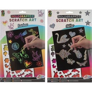 Krastekeningen voor kinderen - Glitter - Scratch Art - 4 stuks - Inclusief houtpen - Inclusief stencils
