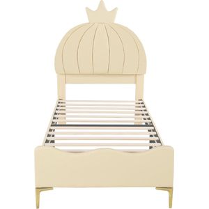 Merax Kinderbed 90x200 cm met Kroon Hoofdbord - Kunstleer Gestoffeerd Eenpersoonsbed met Hoge Metalen Poten - Beige