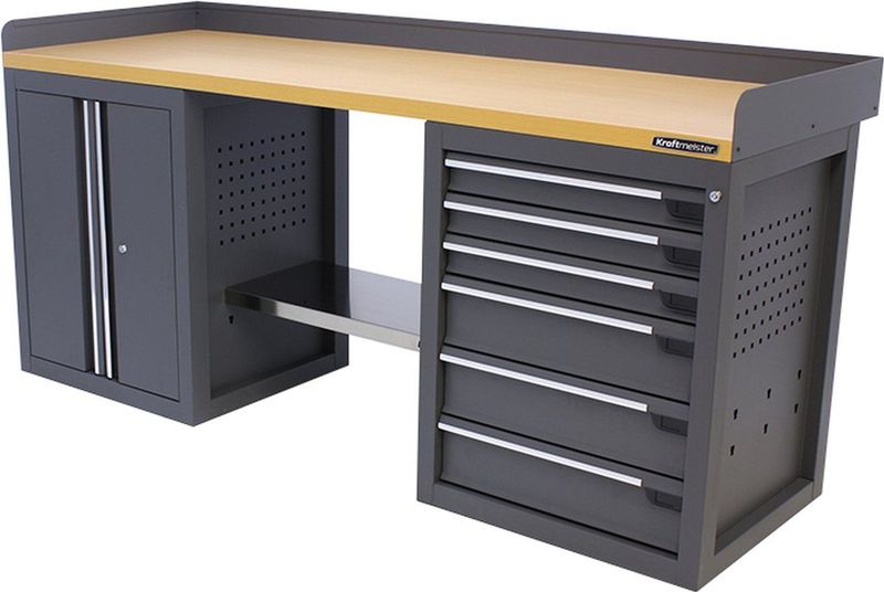 Kraftmeister werkbank 200 cm - Werktafel met 6 laden, 1 opbergkast en MDF werkblad - Grijs