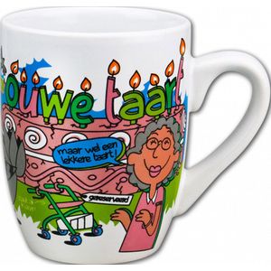 Mok - Bonbons - Ouwe Taart - Cartoon - In cadeauverpakking met gekleurd krullint