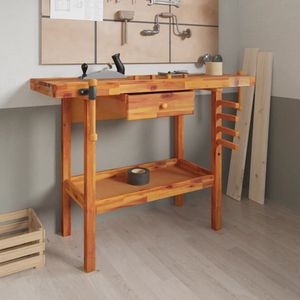 The Living Store Werkbank met lade en bankschroeven 124x52x83 cm acaciahout - Werkbank - Hout - Acaciahout - Werkplek - Garage