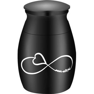 Zwartkleurige Mini Urn met Infinity Voor Altijd Symbool. Mooi klein urntje vooreen grote herinnering 7.5 ML inhoud.