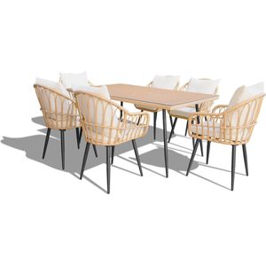 Feel Furniture – Ibiza – Dinnerset – Tafel met 6 stoelen - 6 personen - Outdoor - RVS - Rotan