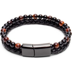 Zentana Armband Dubbel - Gevlochten Leer - Rode Tijgeroog & Onyx - RVS Sluiting - 190mm