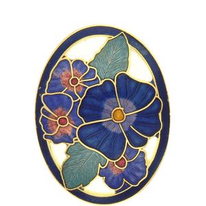 Behave®  Broche ovaal met bloemen blauw - emaille sierspeld -  sjaalspeld