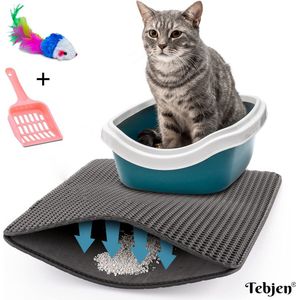 TEBJEN Kattenbakmat – Kattenbak Mat Grit Opvanger - Schoonloop Katten mat – Dubbele Waterdichte Laag – Uitloopmat Kattenbak – Kattenbak Accessoires - Met Speelgoedmuisje En Schepje - Zwart - 30cm * 30cm