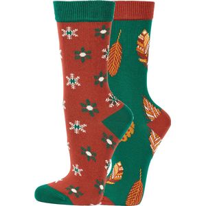 Veraluna sokken set - Biologisch katoen - maat 35-38 - groen met blaadjes - rood met sneeuwsterren