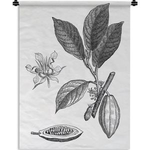 Wandkleed Zwart wit illustratie - Een zwart-wit illustratie van een cacao plant Wandkleed katoen 60x80 cm - Wandtapijt met foto