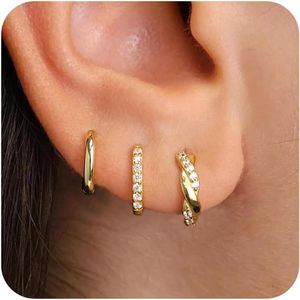 3 paar gedraaide gouden 14K damesoorbellen van 925 zilver met zirkonia - hypoallergeen, geschikt voor meerdere oorgaten - inclusief geschenkdoos