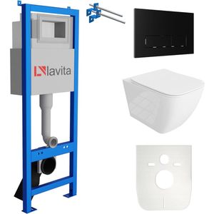 LAVITA® Inbouwreservoir Complete Toiletset LAV 101 - Inbouw WC Hangtoilet Wandcloset ONIL Wit Hoogglans - Bedieningsplaat 200.3.4 Zwart - Voorwandelement voor toilet 40cm - Installatiesysteem