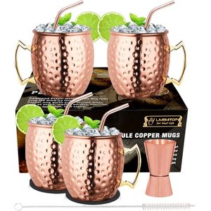 19.5 oz Moscow Mule Mok, Set van 4, Gehamerde Koperen Bekers met Jigger voor Koude Drankjes, Thuis, Bar, Feest, Cadeau