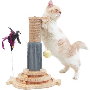 Kattenspeeltje Roltrainer, Kattenspeelbal met krabpaal, 2-niveau draaitafel kattenspeelgoed, Interactief Fun Tracks-rolspeelgoed voor katten