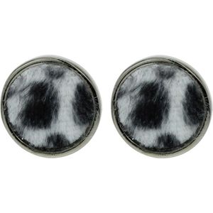 Behave Oorbellen - oorstekers met harige stof inleg in zwart witte koeien print