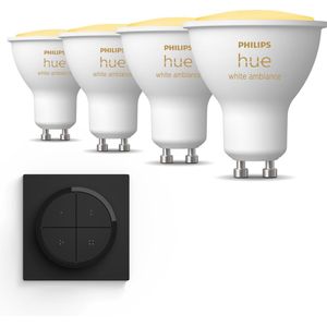 Philips Hue Uitbreidingspakket - GU10 - met 4 Spotjes - Warm tot Koelwit Licht - Incl. 1 Hue Dial Switch (Zwart) - Hue White Ambiance