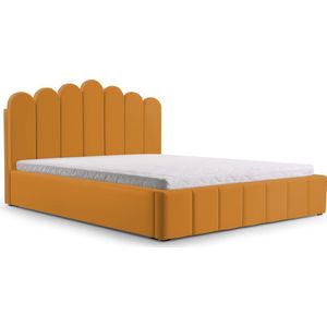 Tweepersoonsbed met fluwelen bekleding, met hoofdeinde, lattenbodem, bed voor volwassenen - BED 03 - 180x200 - Donker geel (TRINITY 26)