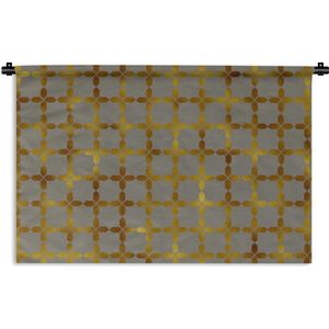 Wandkleed Luxe patroon - Luxe patroon van vierkanten met gouden details tegen een grijze achtergrond Wandkleed katoen 180x120 cm - Wandtapijt met foto XXL / Groot formaat!