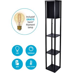 Varin® Vloerlamp met vakken - Zwart - Dimbaar - Witlicht warm - E27 Led lamp filament - Smart Lamp - Tuya wifi - Slimme staande lampen - Zwart - Sfeerlamp - Vakkenkast - Lamp industrieel - Vloerlampen - Verlichting woonkamer, keuken en slaapkamer