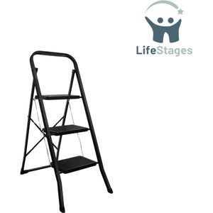 LifeStages - Huishoudtrap 3 Treden - Ladder - Opvouwbaar met 3 Treden - Huishoudladder - Maximale Belasting 150 kg - Opvouwbare Ladder voor Thuis en Kantoorwerk