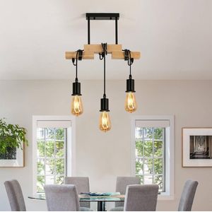 Industriële Hanglamp, 3-Lichts Hout en Metaal Plafondlamp, E27 Retro Rustieke In Hoogte Regelbare Plafondlamp voor Woonkamer, Eetkamer, Keuken, Bar