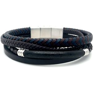 Heren armband - Armband Leer - Bruin/Blauw - Armband met magnetische sluiting- Stainless steel - valentijn cadeautje voor hem