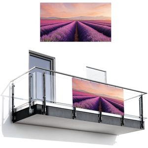 Balkonscherm 200x110 cm - Balkonposter Lavendelveld - Zonsondergang - Paars - Bloemen - Balkon scherm decoratie - Balkonschermen - Balkondoek zonnescherm