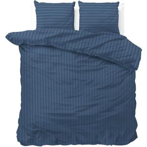 2-persoons dekbedovertrek (dekbed hoes) navy blauw / donkerblauw gestreept met fijne smalle strepen / banen tweepersoons 200 x 220 cm (rustig uni beddengoed slaapkamer!)