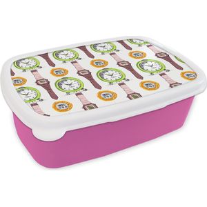 Broodtrommel Roze - Lunchbox - Brooddoos - Wekker - Horloges - Stopwatch - Patronen - 18x12x6 cm - Kinderen - Meisje