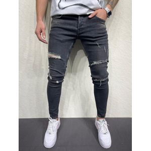 Mannen Stretchy Ripped Skinny Biker Borduurwerk Cartoon Print Jeans Vernietigd Hole Slim Fit Denim Hoge Kwaliteit Hip Hop Zwarte Jeans - W33