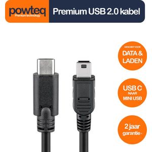 Powteq - 1.8 meter premium USB C naar USB mini kabel - USB 2.0 - Zwart