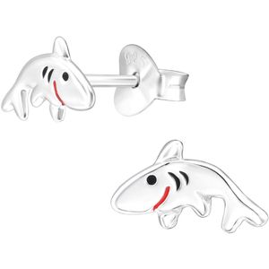 Joy|S - Zilveren haai oorbellen - zilver rood - 9.5 x 5.2mm - vis - kinderoorbellen