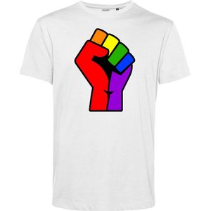 T-shirt Regenboog Vuist | Gay pride shirt kleding | Regenboog kleuren | LGBTQ | Wit | maat XXL