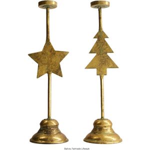 Balivie - Waxinelichtjeshouder - Stompkaarshouder - Kandelaar - Kerstdecoratie - Metaal - Antique Gold - Set van 2 - Kerstster & Boom - Hoogte 36 cm