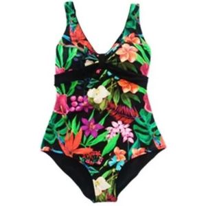 Zwempak Vrouwen- Grote maten Badpak- Dames Badmode Bikini- Strandkleding Swimwear VC768- Zwart Bloemenprint- Maat 44
