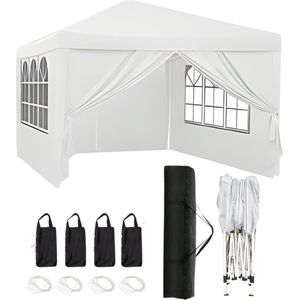 Qualytents - Partytent - Easy up - 3 x 3m - Paviljoen met Zijpanelen - Opvouwbaar - Waterdichte Tent - In Hoogte Verstelbaar - Wit - Extra stevig